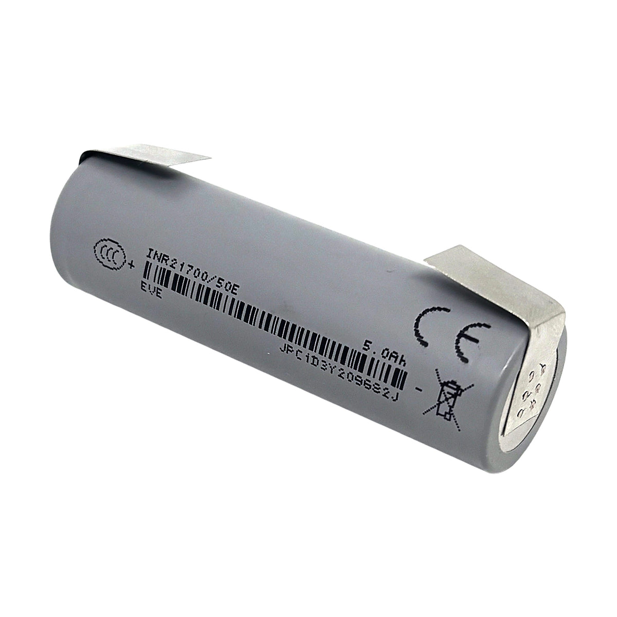 EVE INR21700-50E 3,6V 15A mit angeschweißten Lötfahnen U-Form – Seitenansicht