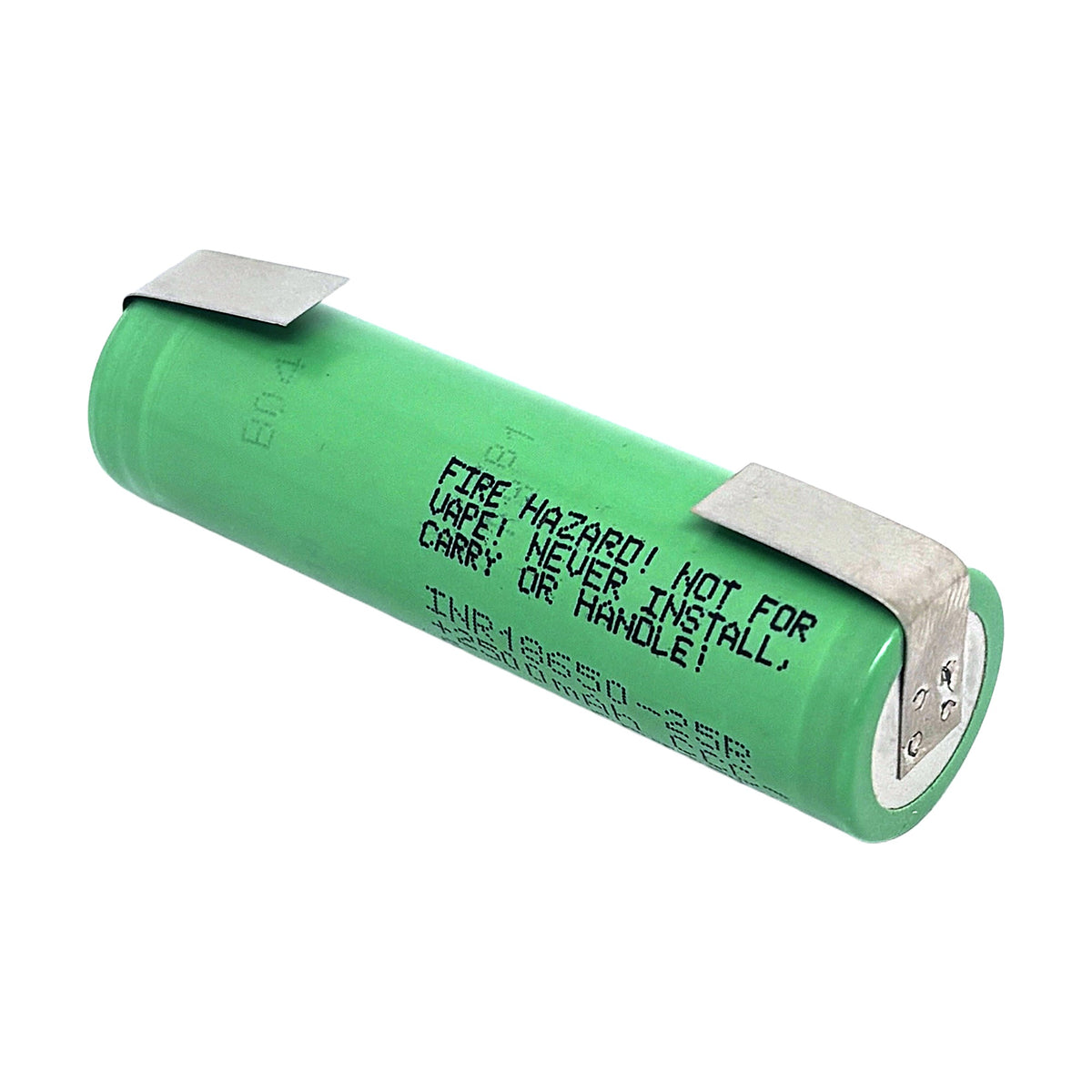 Samsung 18650 25R 3,6V 20A mit angeschweißter Lötfahne U-Form – Seitenansicht