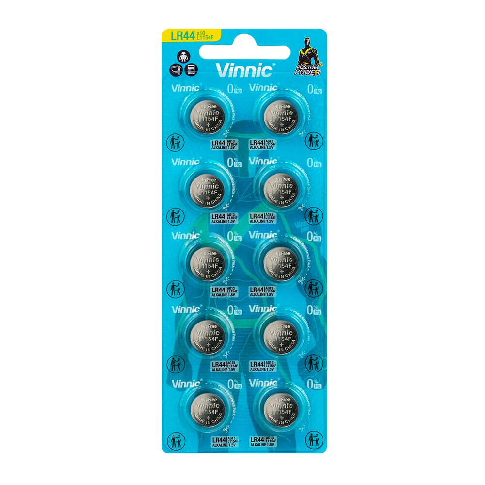 Vinnic LR44 AG13 Alkaline Knopfzellen 1,5V im 10er-Blister